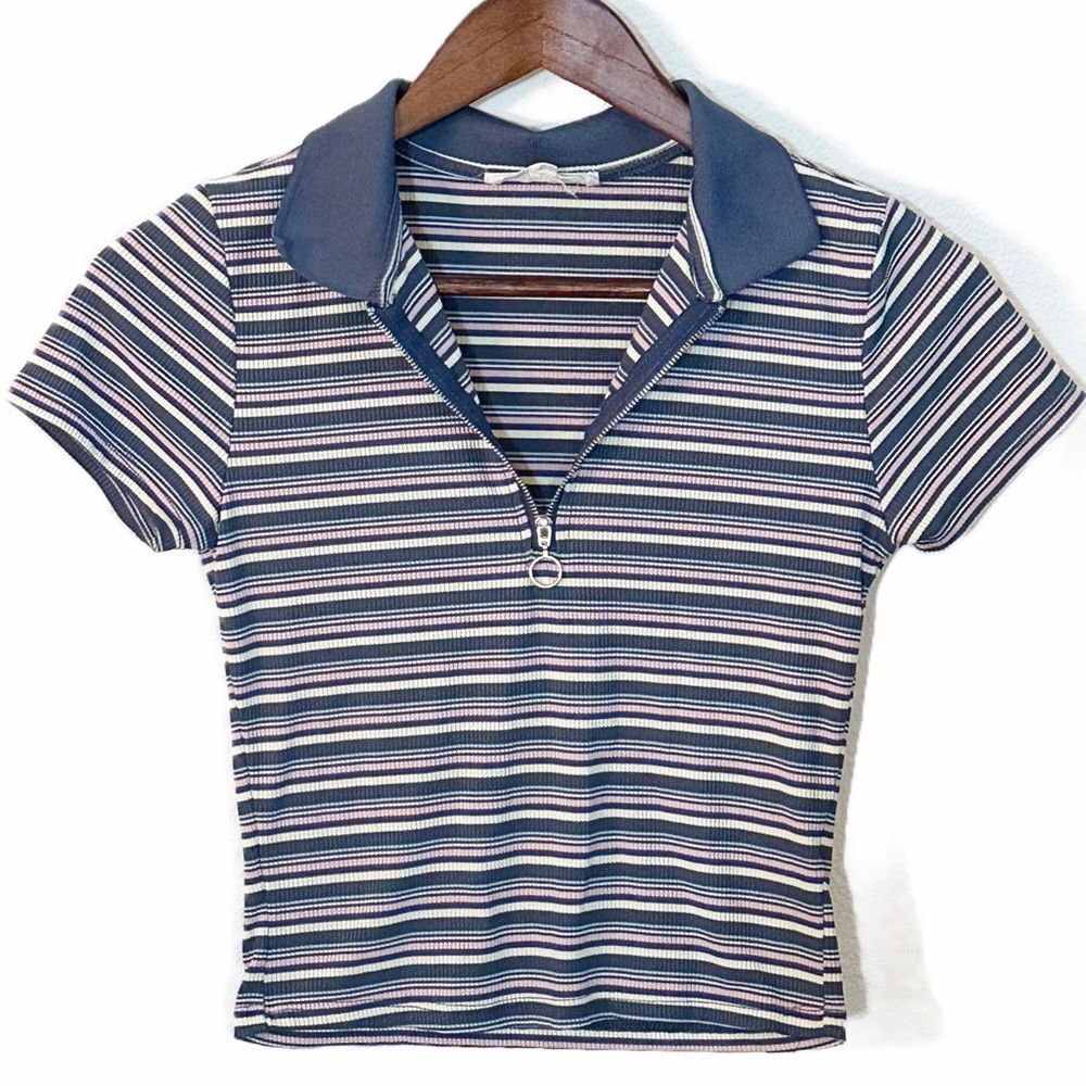 Pink Rose Y2K Pink & Blue Striped Baby Tee With Collar & Zipper Size S